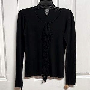 Vintage Finity Studio Black Long Sleeve Rayon Blend Ruffle Knit Top Size PL